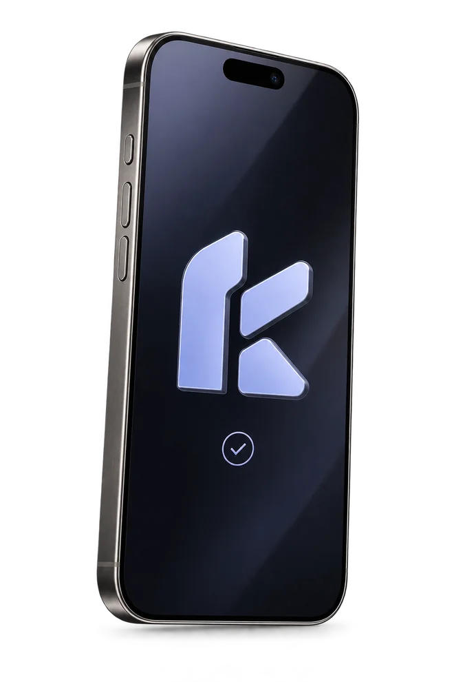 Концептуальный iPhone с объёмным знаком iKomek на экране