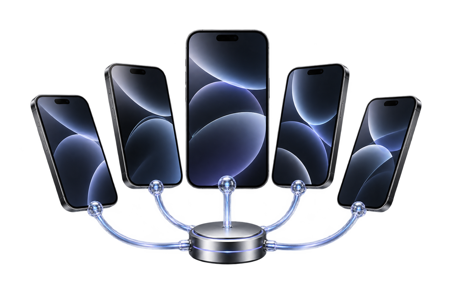 Пять iPhone, соединённых с общим узлом — иллюстрация корпоративного парка