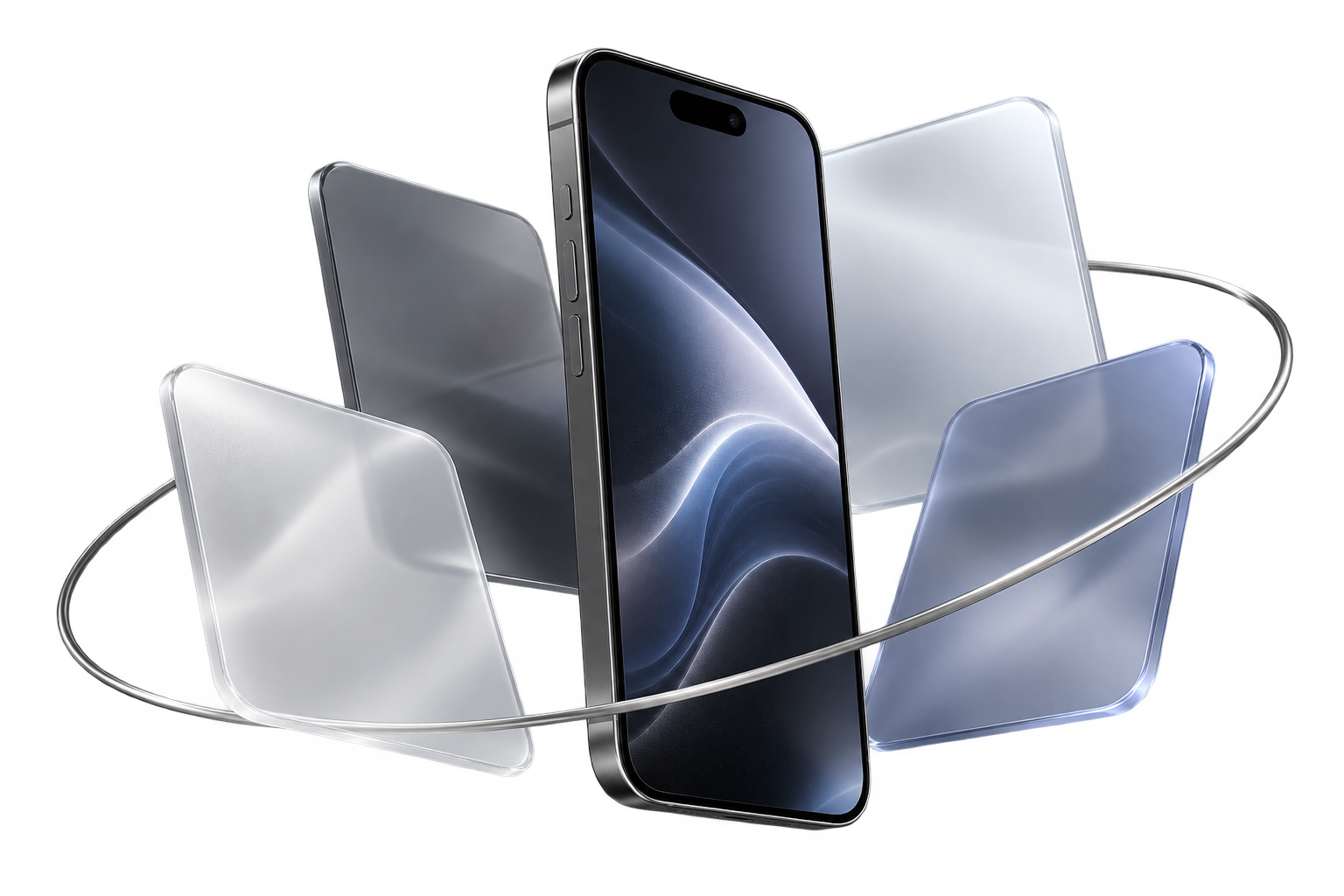 iPhone и четыре матовые стеклянные карточки, объединённые серебристой орбитой